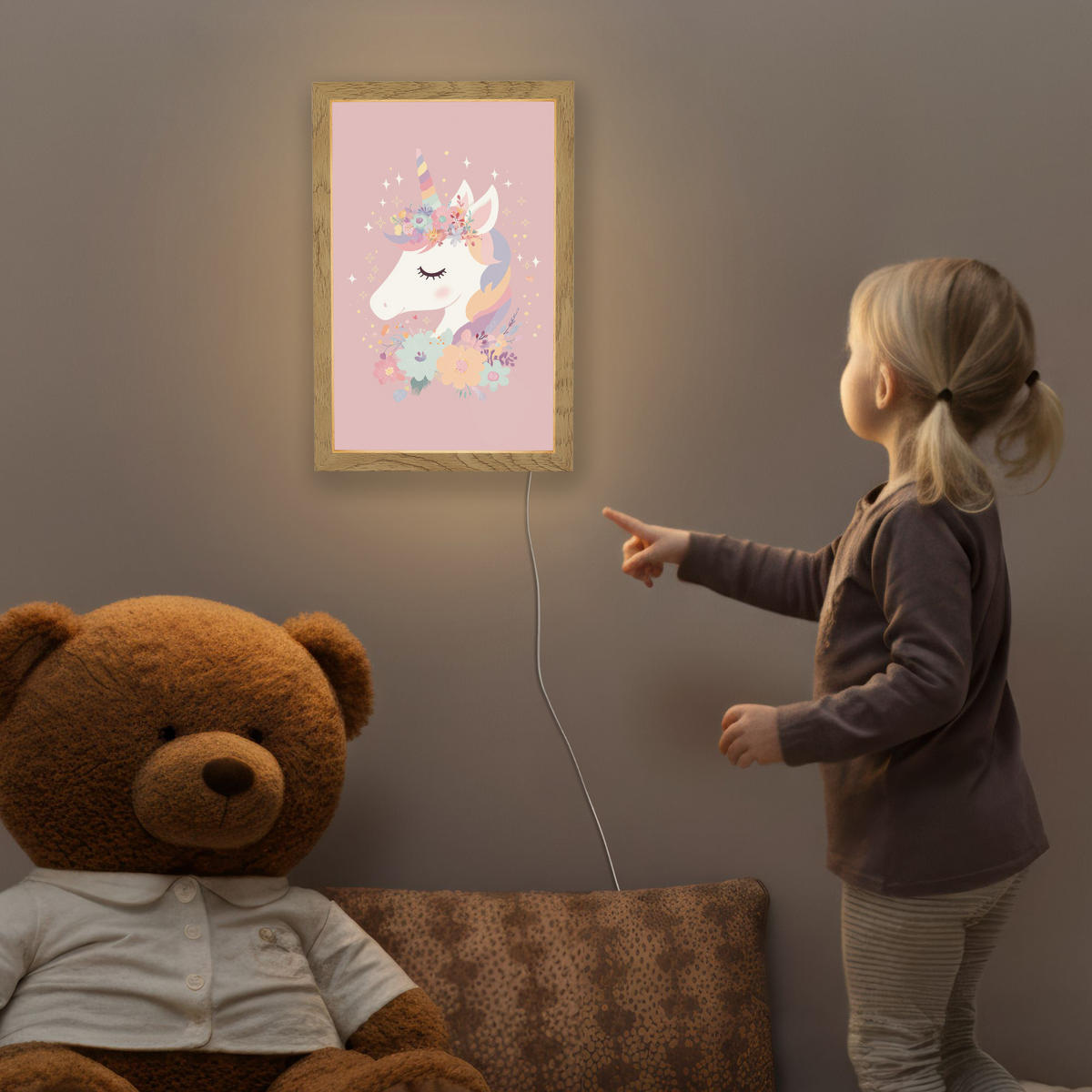 NACHTTISCHLAMPE Einhorn - Rosa - Blumen 20x30 cm - Rosa, Holzwerkstoff (8/20/30cm)