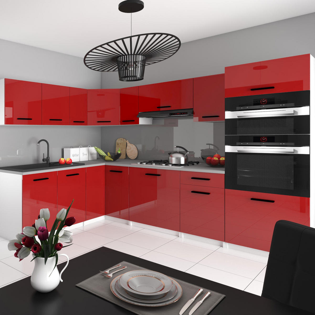 KÜCHENZEILE Italia 8 420 cm , mit Arbeitsplatten, Rot - Rot, Holz (420/143/60cm) - B BELINI GROUP