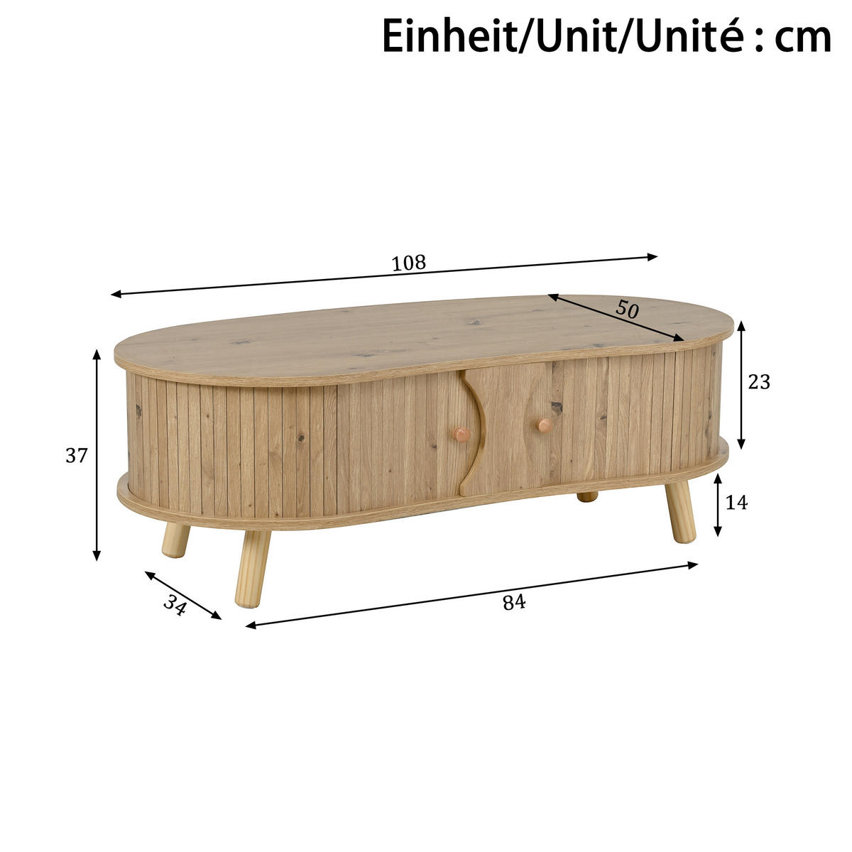 COUCHTISCH organisch Rillenoptik 2 Schiebetüren - Naturfarben, Holz (50/108/37cm) - LEBENLANG