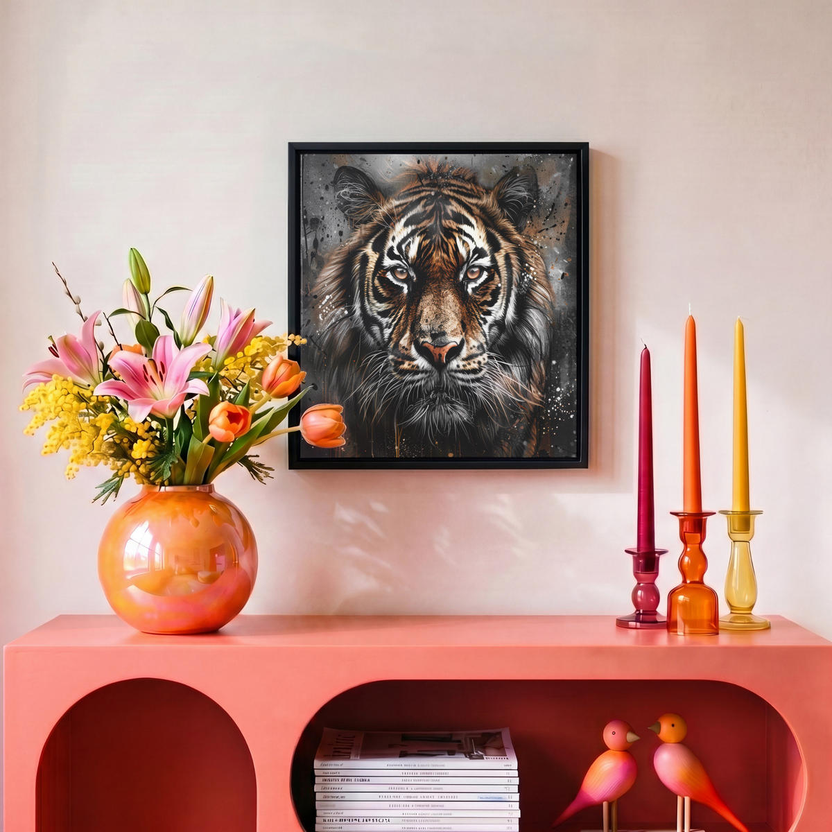 LEINWAND Bilder mit Rahmen - Tiger - Tiere - Porträt - Luxus - Schwarz - 20x20 - Braun, Textil (20/20cm) - MuchoWow