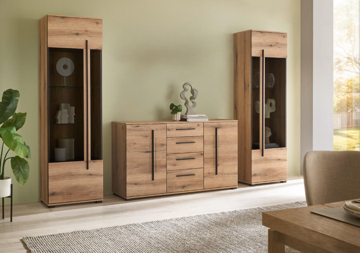 WOHNWAND Eiche Evoke, Wohnkombination 3-teilig mit Soft-Close - Eichefarben/Schwarz, Glas/Holzwerkstoff (290/200/42cm) - Furn.Design