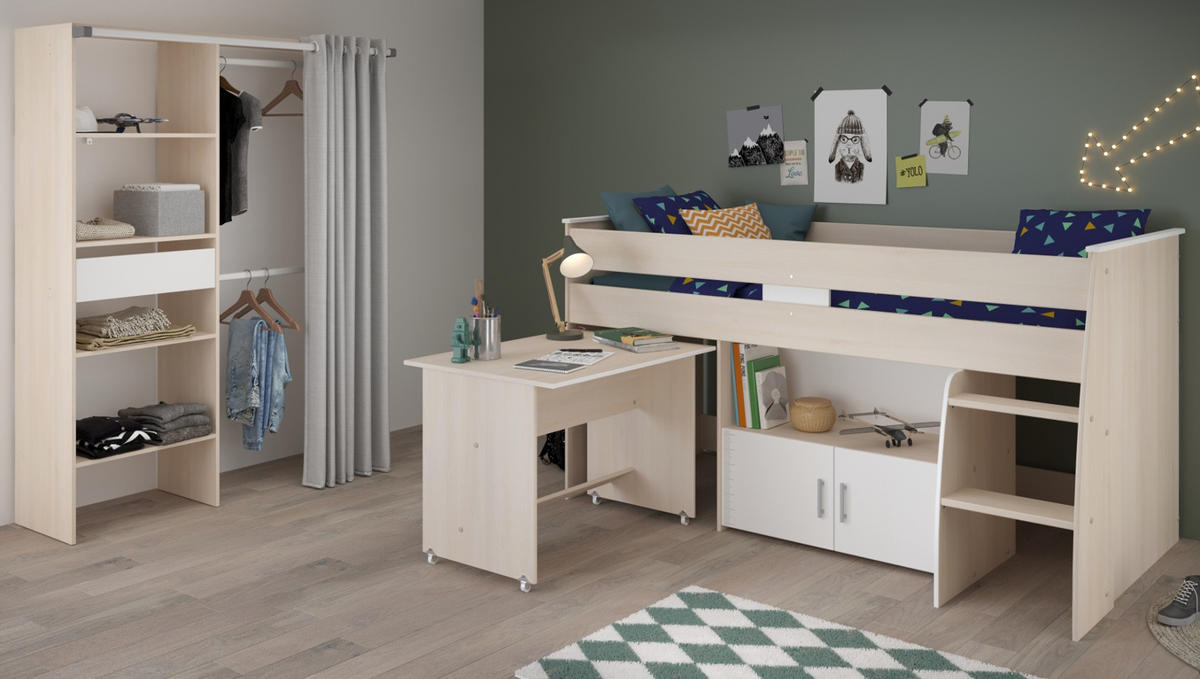 KINDERZIMMER-SET 2-teilig Akazie, weiß, Jugendzimmer mit Hochbett - Eichefarben/Silberfarben, Holzwerkstoff/Kunststoff (206/182/114cm) - Parisot Meuble