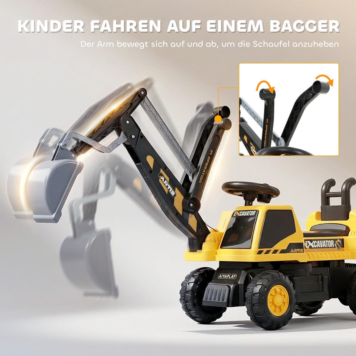 AUFSITZBAGGER DE-06273 mit Schaufel, drehbarem Lenkrad und verstellbarer Rückenlehne Gelb - Gelb, Kunststoff/Metall (113/36/57cm) - ComfortXL