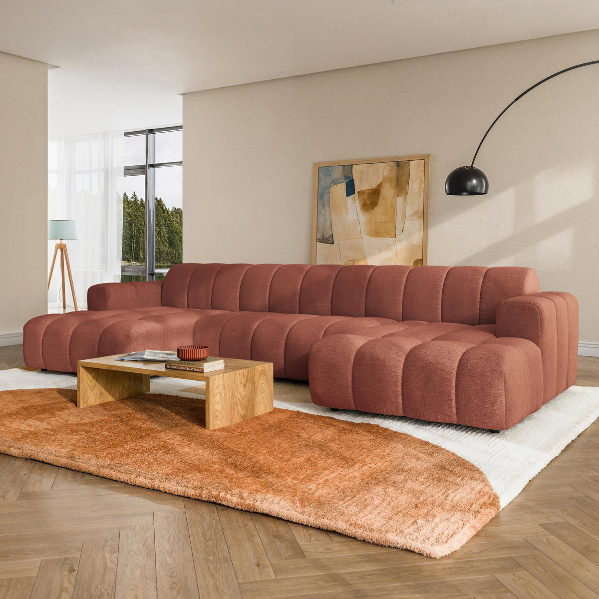 WOHNLANDSCHAFT AENIS Orange Strukturstoff - Orange, Holz (398/85/165cm) - MASSENO