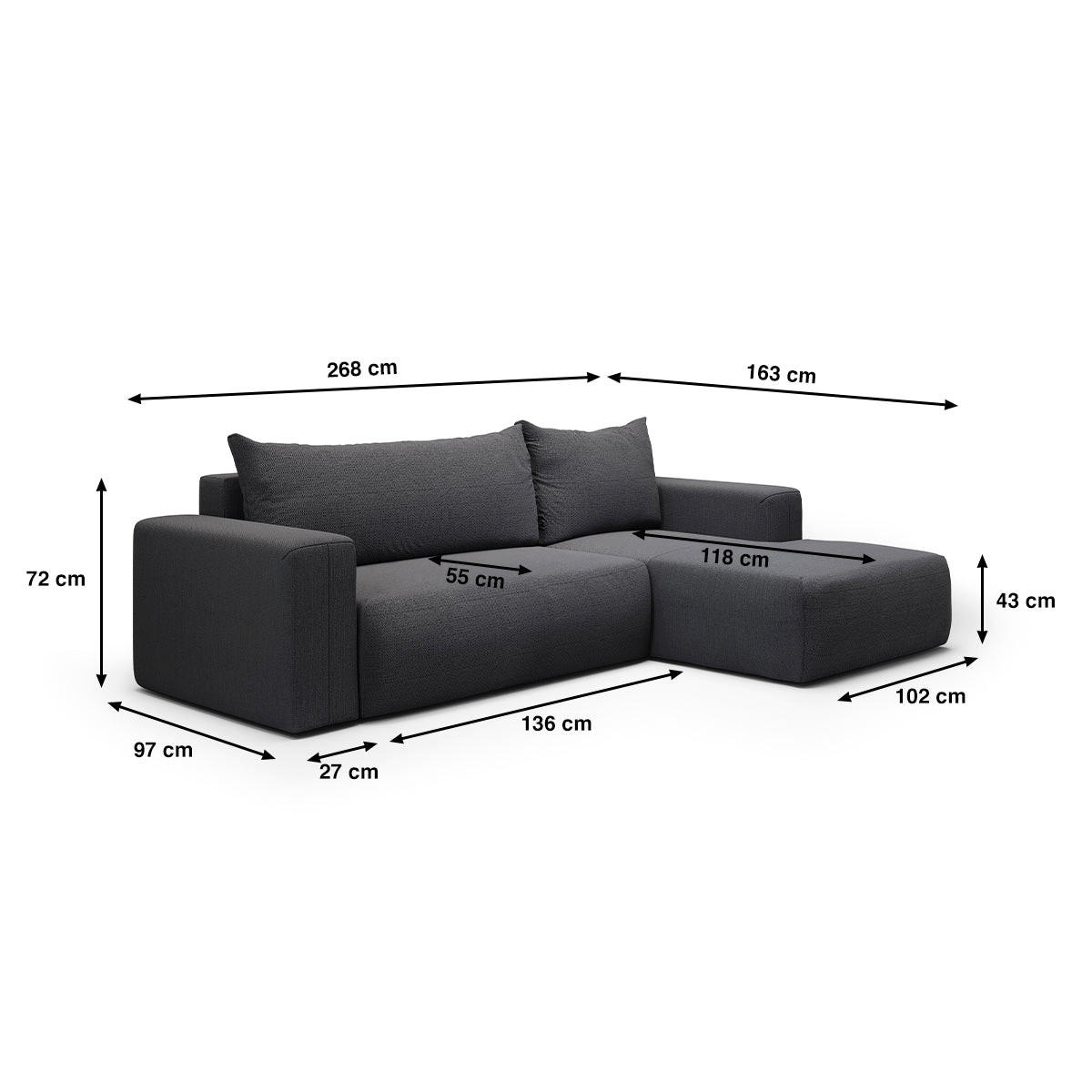 ECKSOFA Bliss 3 Sitzplätze Dunkelgrau - Grau, Holz (268/163cm) - Petits-meubles