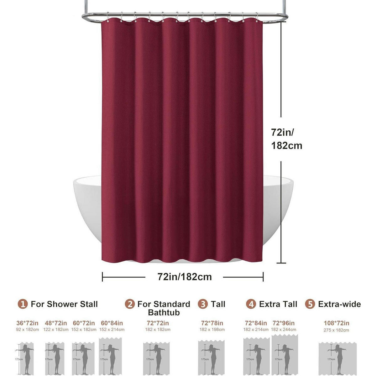 DUSCHVORHANG Waffelstoff 182 x 182 cm Burgunderrot - Bordeaux, Textil (182/182cm)