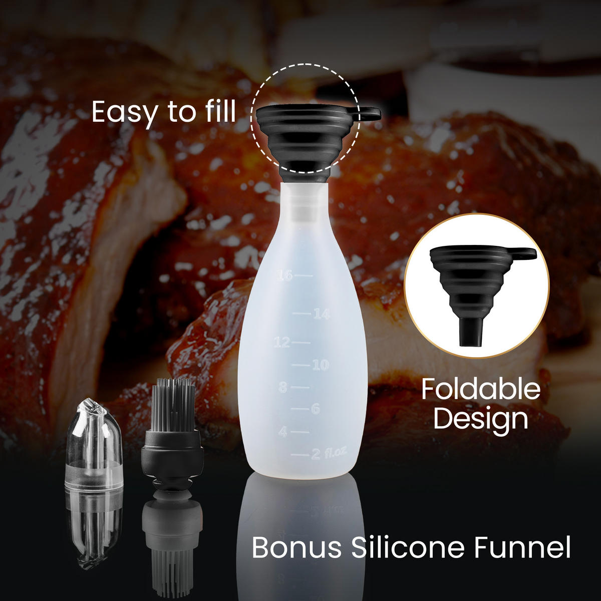 BRATENSPRITZE,SILIKON-BACKPINSEL Baste Easy, Schwarz, inkl. Saucenflasche, hitzebeständig - Schwarz, Kunststoff (8.13/24.14/8.13cm) - Gourmet Easy