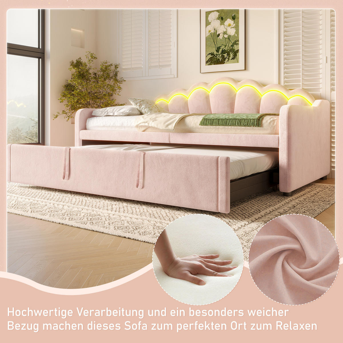 BETT 90/200/180/200 cm Pink aus Samt mit Bett und LED-Lichtleiste - Rosa, Textil (90/200cm) - OKMYHOME