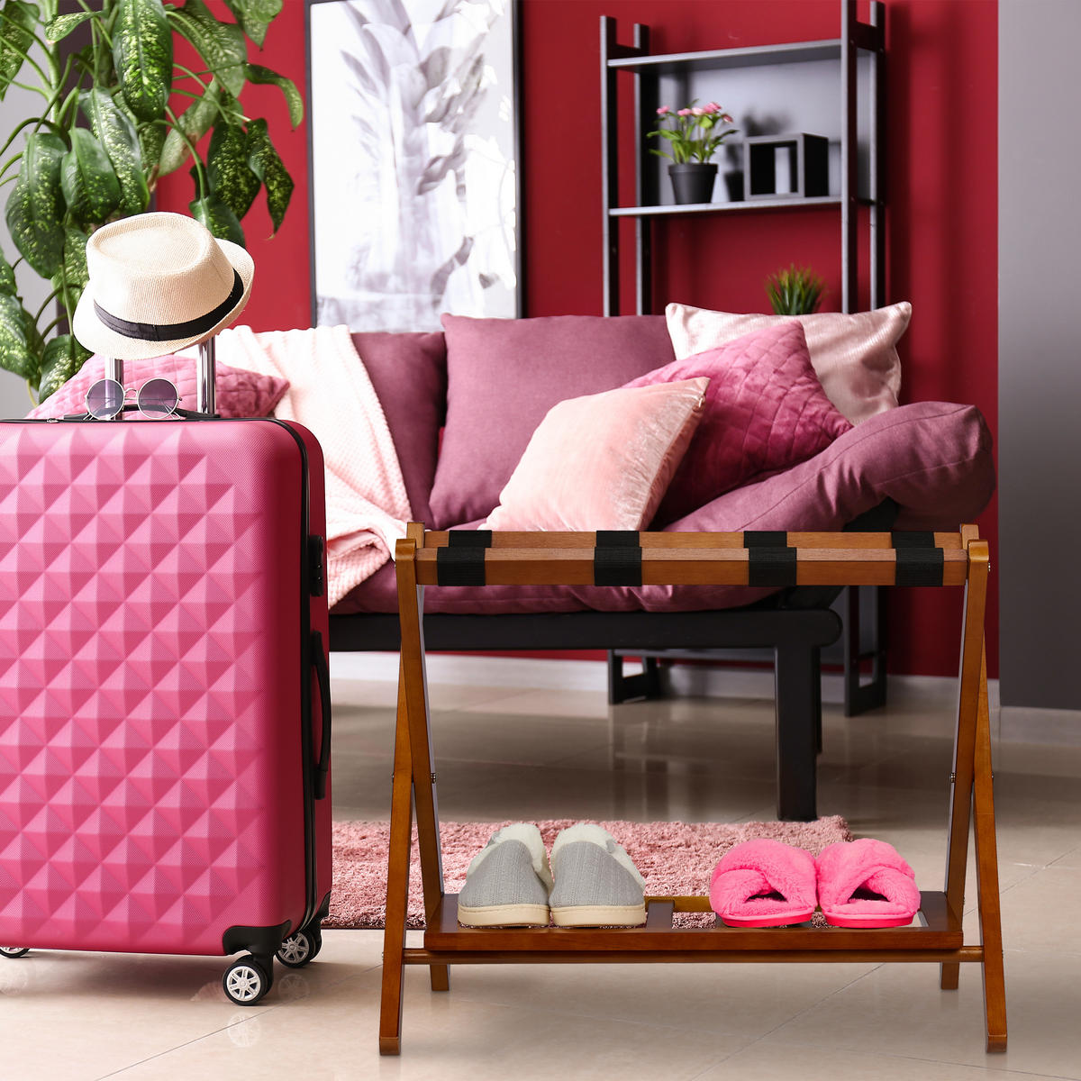 KOFFERSTÄNDER - Braun, Holz/Textil (66/54.5/44.5cm) - Relaxdays