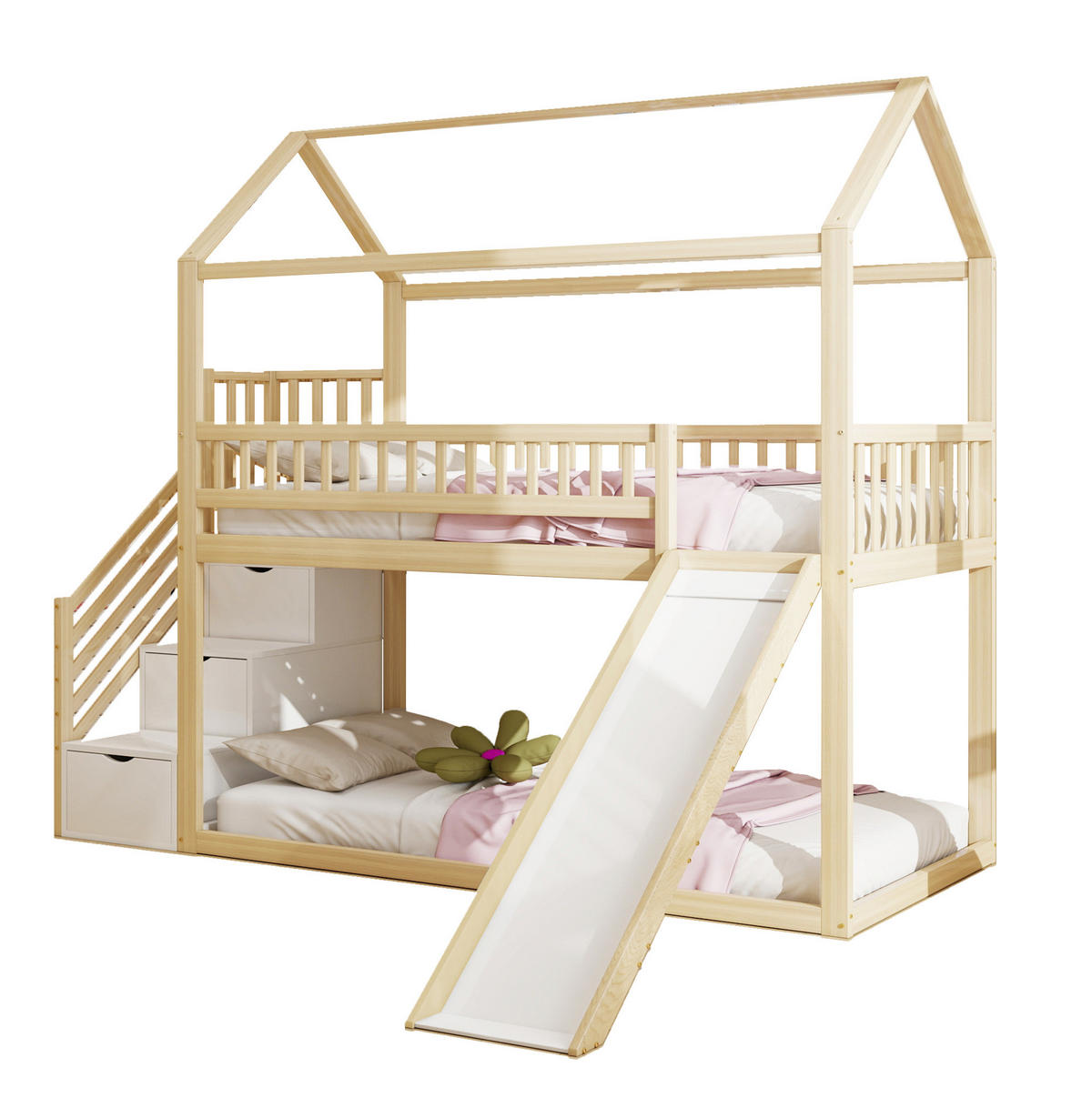 HOCHBETT 90/200 cm mit Rutsche und Stauraumleiter aus Massivholz mit Matratze - Hellbraun, Holzwerkstoff (90/200cm) - OKWISH