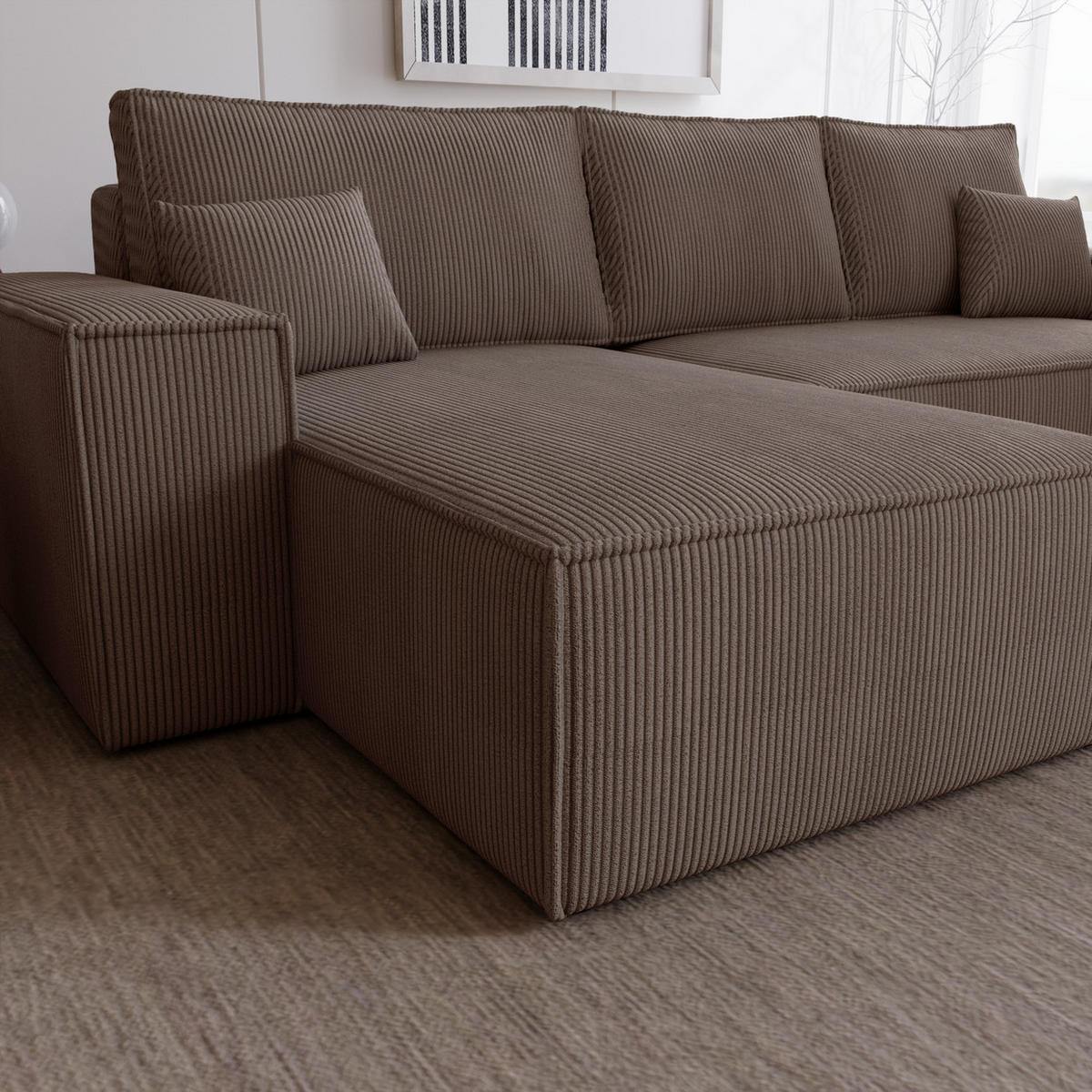 ECKSOFA Bergamo L mit Cordstoff, 280 cm, Schlaffunktion, Links - Braun - Braun, Holz (277/189cm) - Emporius