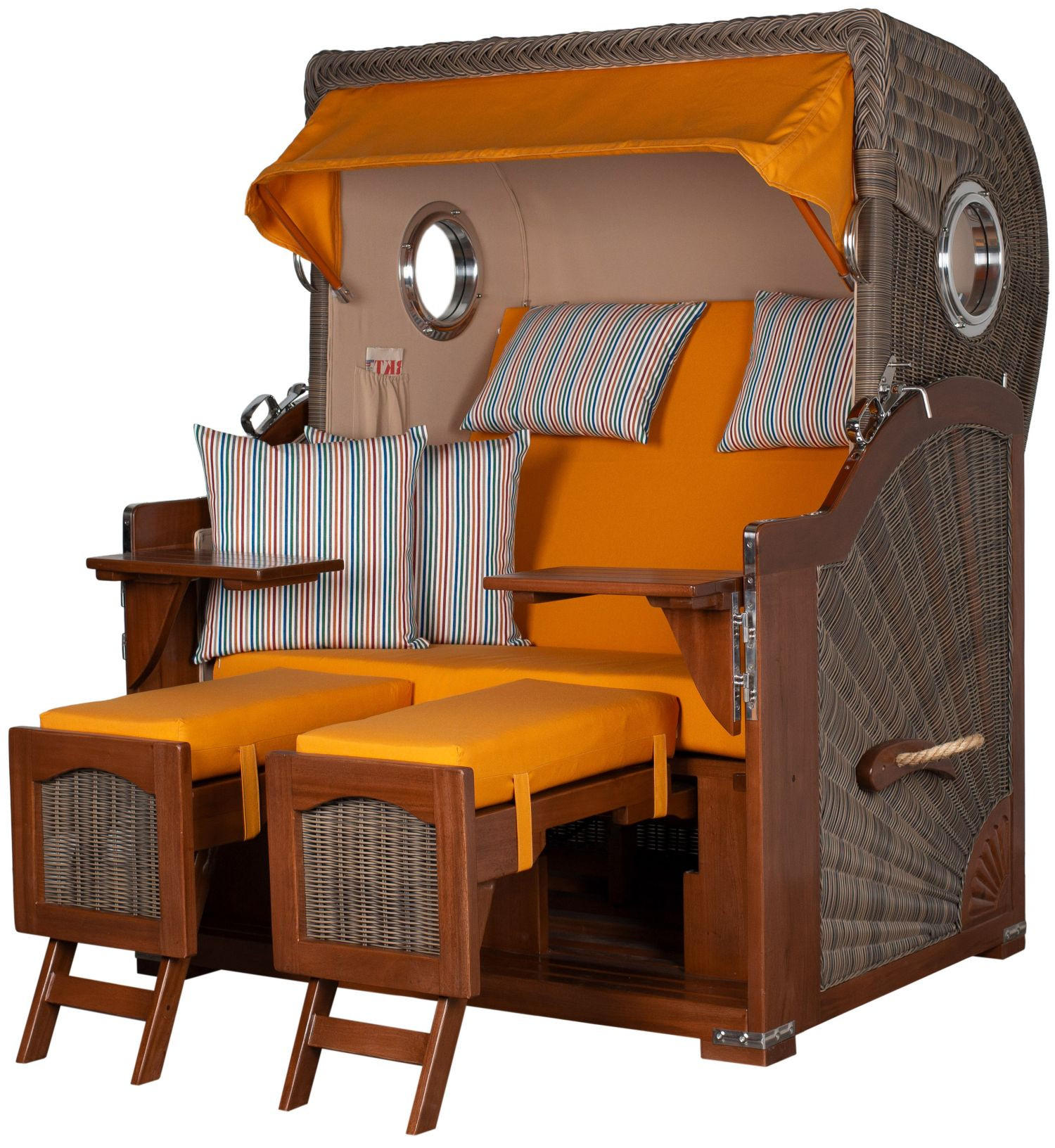 STRANDKORB Komplettset: Ammersee Mahagoni Bullauge - PE grau - Modell 586 - Beige/Rot, Holz/Kunststoff (125/165/80cm) - bene living