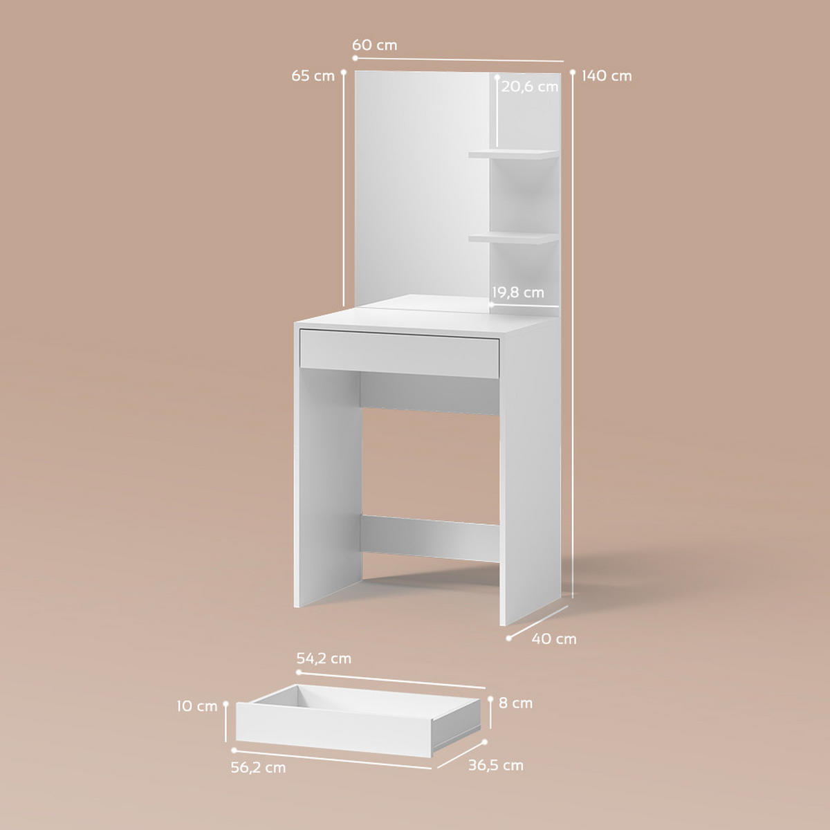 SCHMINKTISCH Nola Weiß 60 cm - Weiß, Holzwerkstoff (60/140/40cm) - Livinity®