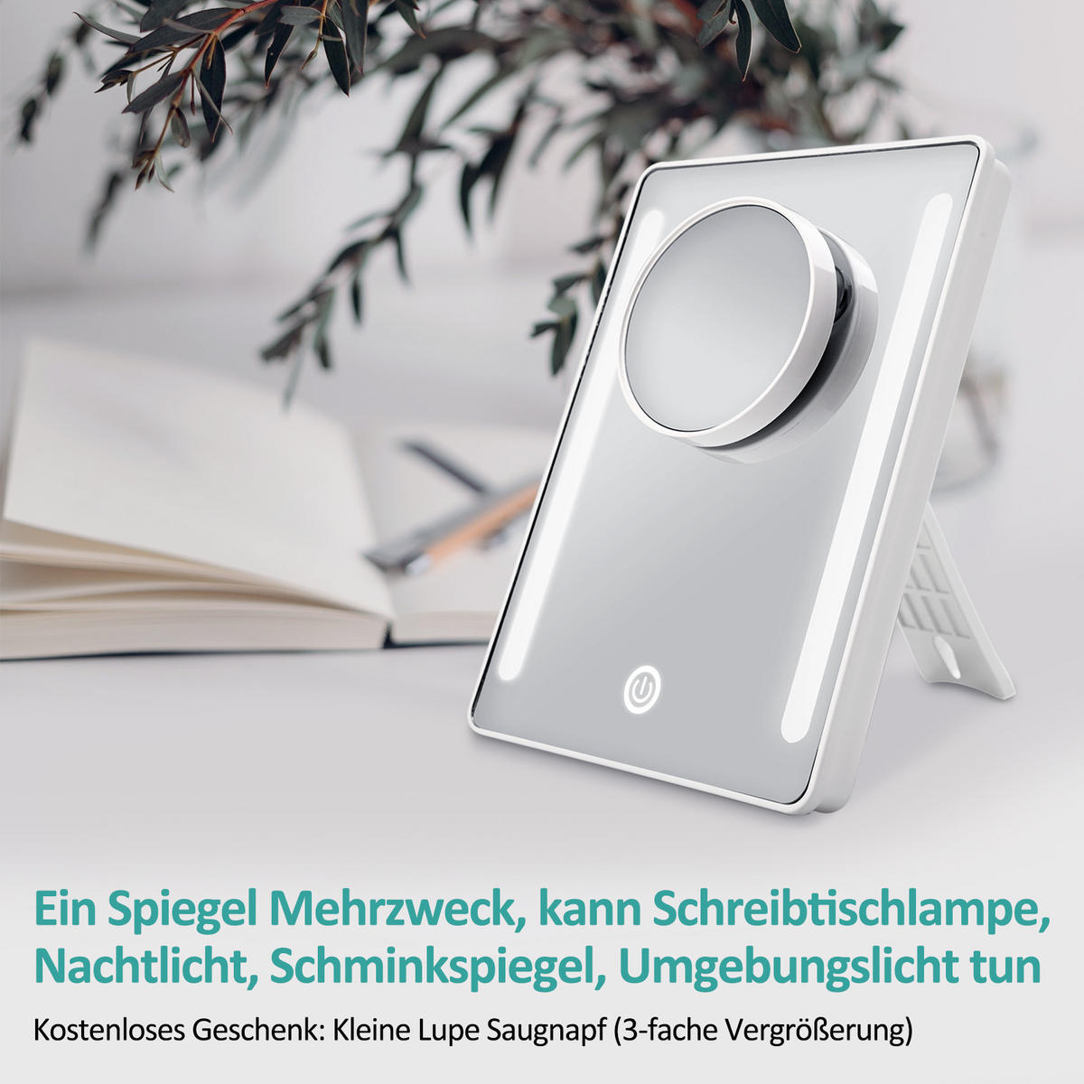KOSMETIKSPIEGEL mit Licht mit Abnehmbare Saugnapfes, Weiß, 22,4/16,3 cm - Weiß, Glas (16.3/22.4/22.4cm) - EMKE