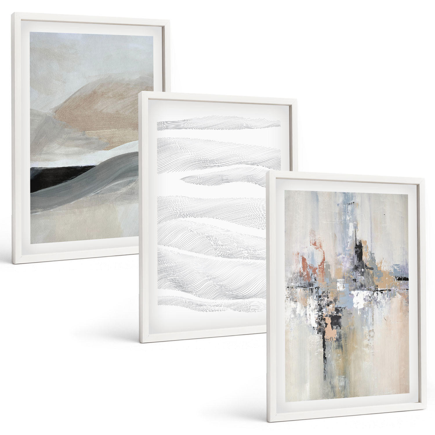 BILDER SET 3er Set - 40x60 cm Weißer Rahmen - Abstrakte Erdmuster - Weiß, Kunststoff (40/60cm) - TULUP