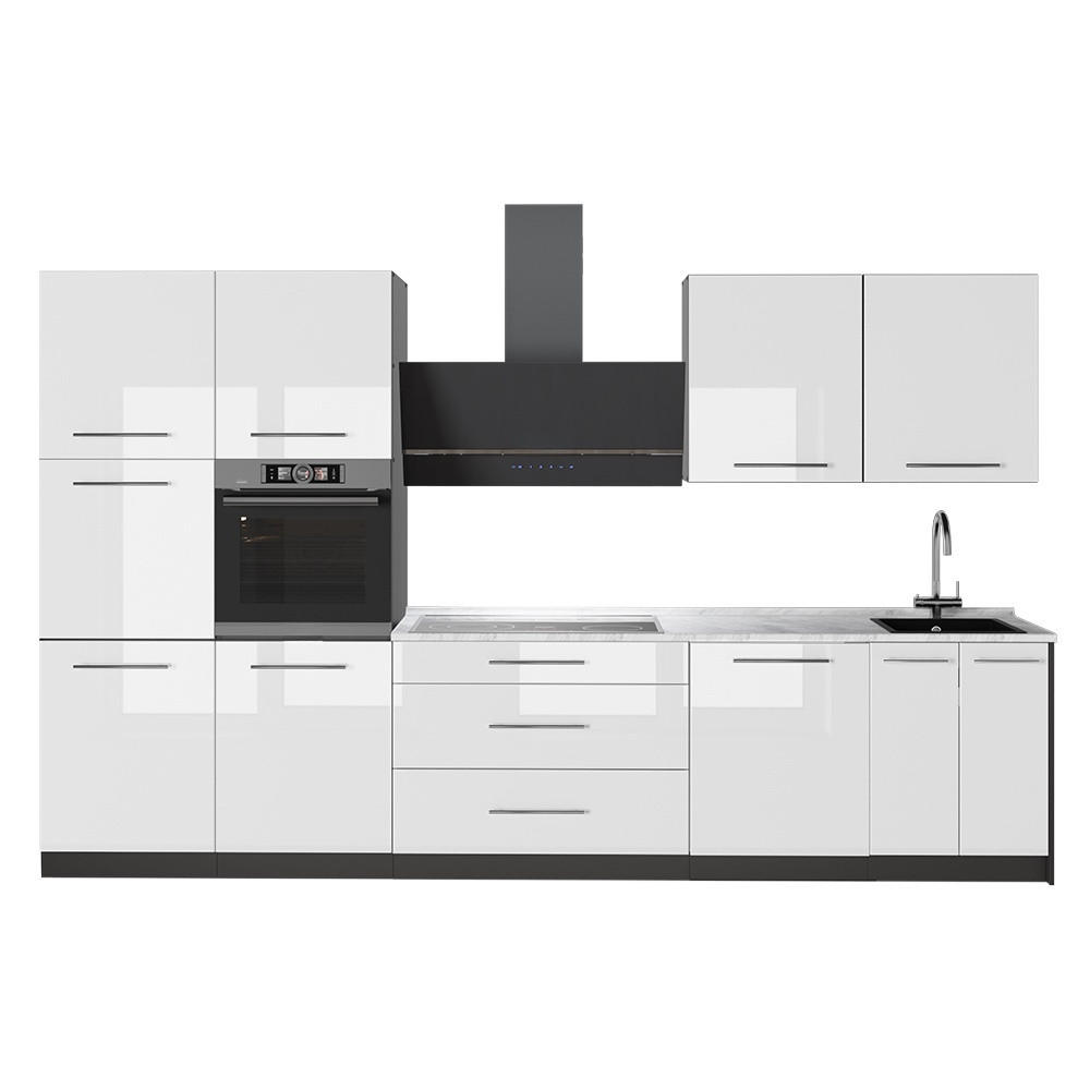 KÜCHENZEILE Fame-Line, Weiß Hochglanz/Anthrazit, 340 cm, AP Marmor - Weiß Hochglanz/Anthrazit, Holzwerkstoff (340/206.8/60cm) - Vicco