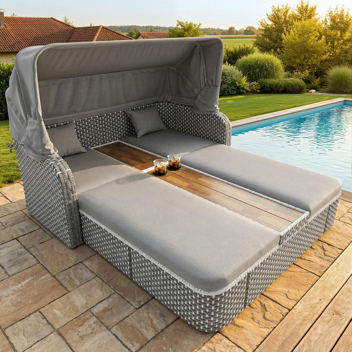 LOUNGESET Beige/Grau Mit Sonnenschutz & Pavillon - Grau, Textil (160/137/192cm) - FLIEKS
