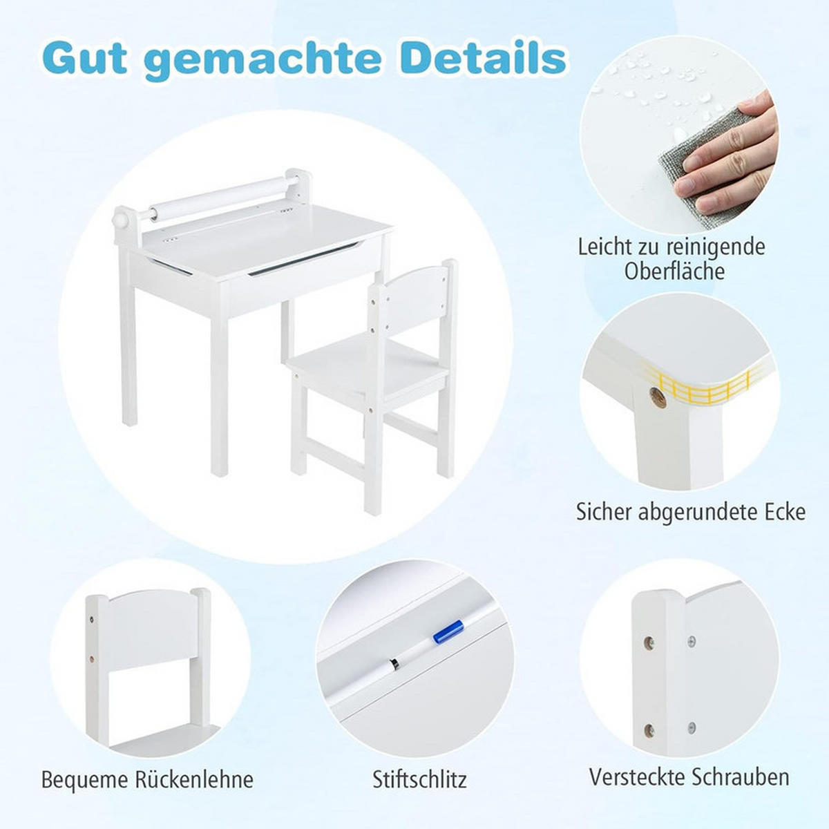 KINDERSCHREIBTISCH mit Stuhl weiß(2-tlg) - Weiß, Holzwerkstoff (66/58/40cm) - COSTWAY