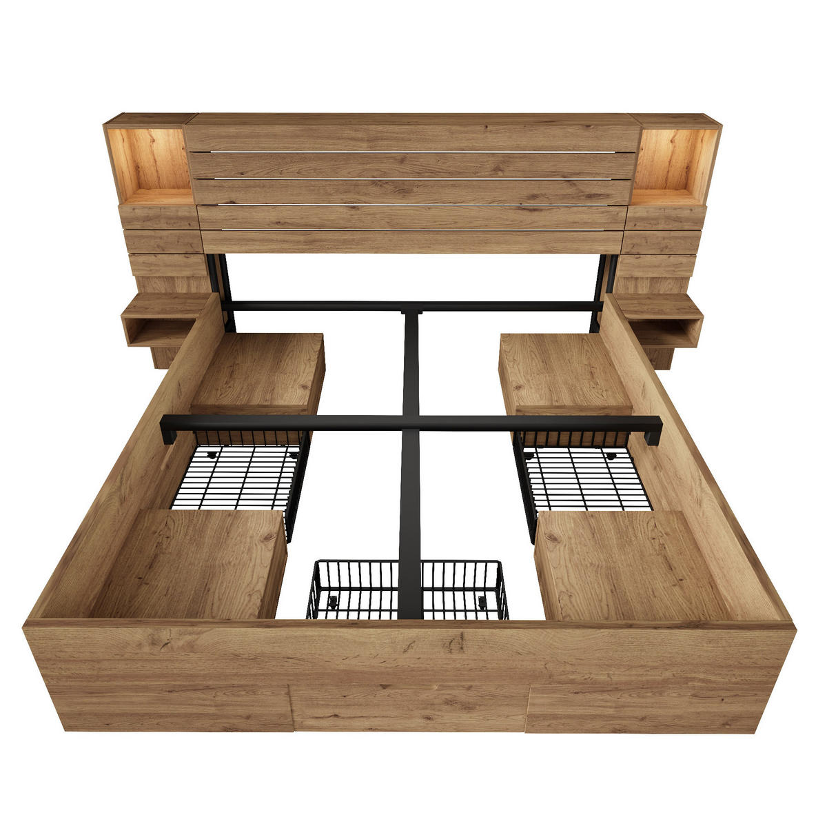 DOPPELBETT aus Holz 160x200 cm Eiche mit LED-Downlights, USB- und Type-C-Anschluss, Stauraum und Matratze - Eichefarben, Holzwerkstoff (140/200cm) - Modfu