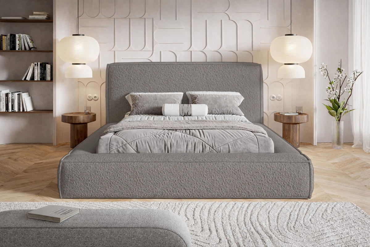 POLSTERBETT Boucle 180x200 Karano, Dicker Schaum, Bettkasten, Grau - Grau, Holz/Textil (180/200cm) - Emporius