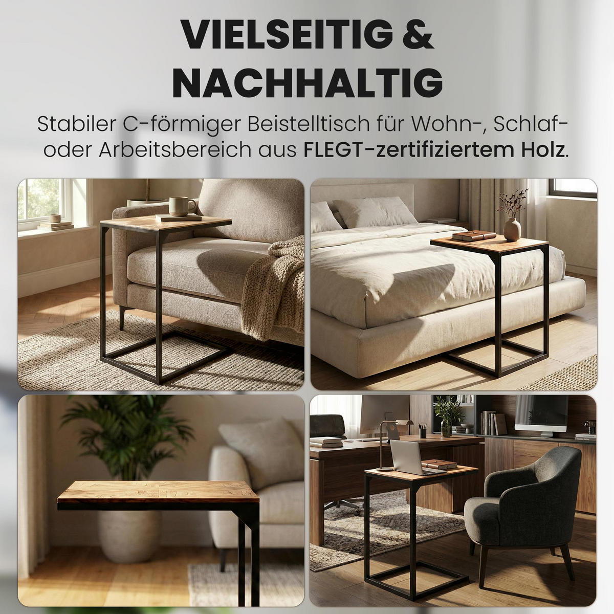 BEISTELLTISCH eckig 45/35/61 cm Holz Natura - Eukalyptusholzfarben/Schwarz, Holz/Metall (35/45/61cm) - CLP