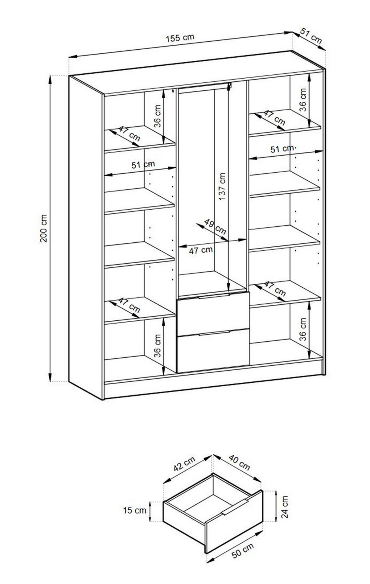 SCHRANK Grafit KELLY Dreitürig Mit Lamellen 155 cm - Graphitfarben, Holzwerkstoff (155/200/51cm) - Sepro Meble