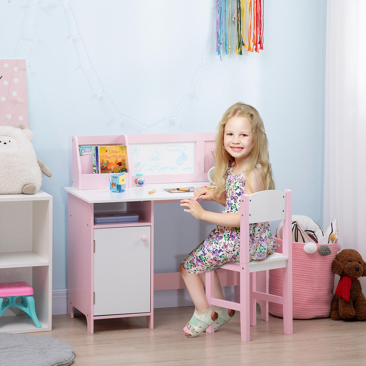 KINDER-SCHREIBTISCHSET DE-17513 mit Weißwandtafel und Stauraum Rosa - Pink, Holzwerkstoff (90/85/45cm) - ComfortXL