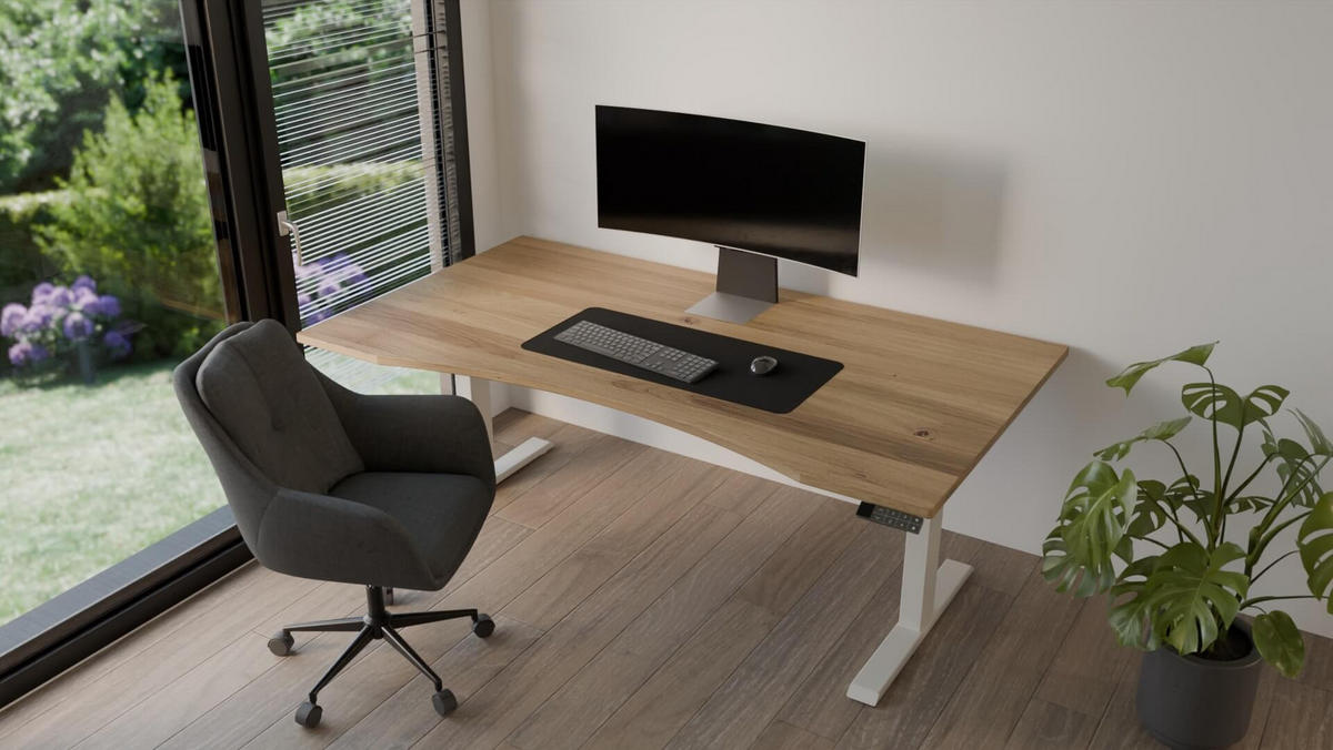 SCHREIBTISCH 150/80 elektrisch höhenverstellbar aus Wildeiche ergonomisch - Weiß - Weiß/Braun, Holz (80/150/72.5cm) - MeinMassivholz