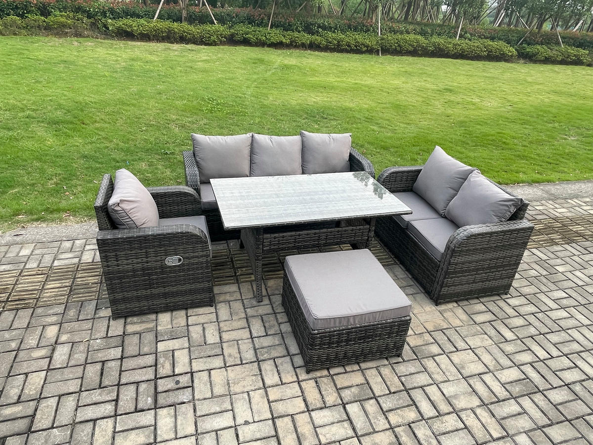 Gartenmöbelset mit 3-Sitzer Sofa,Esstisch,Polyrattan Dunkelgrau 7-Sitzer - Dunkelgrau/Grau, Glas/Kunststoff - Fimous