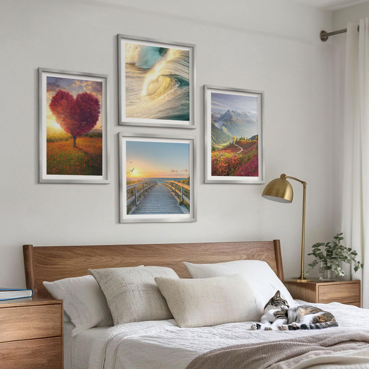 WANDBILDER 4er Set - 50x50 cm & 40x60 cm Silberner Rahmen - Landschaften Berge Wellen Baum Herz Pier - Silberfarben, Kunststoff (50/50cm) - ArtPrintCave