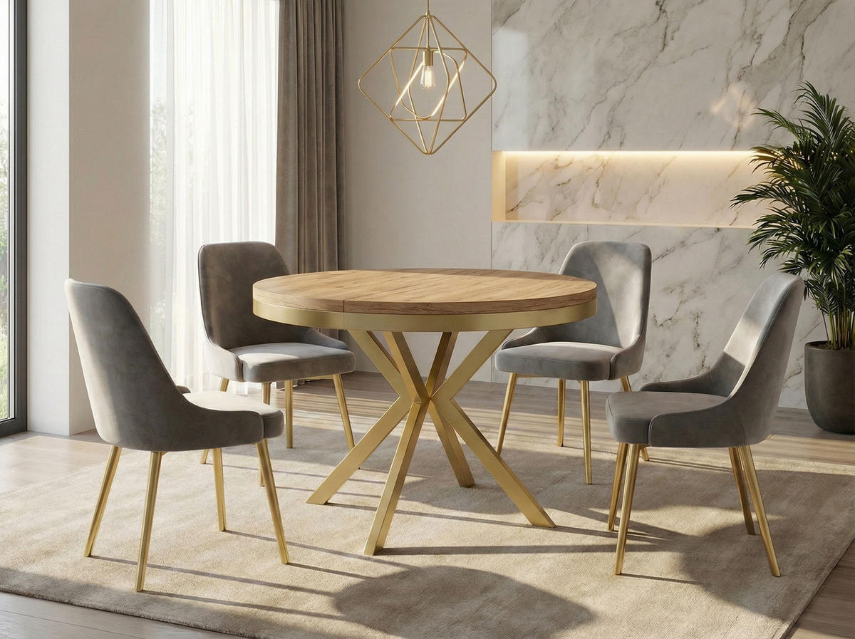 ESSTISCH Dina runder ausziehbarer, Craft Eiche 120-200/100/76 cm - Eiche Wotan/Goldfarben, Holzwerkstoff/Metall (120/120/76cm) - WFL GROUP