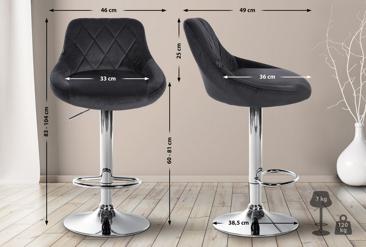 BARHOCKER 2er Set Samt dunkelgrau - Chromfarben/Dunkelgrau, Textil/Metall (46/83/49cm) - CLP
