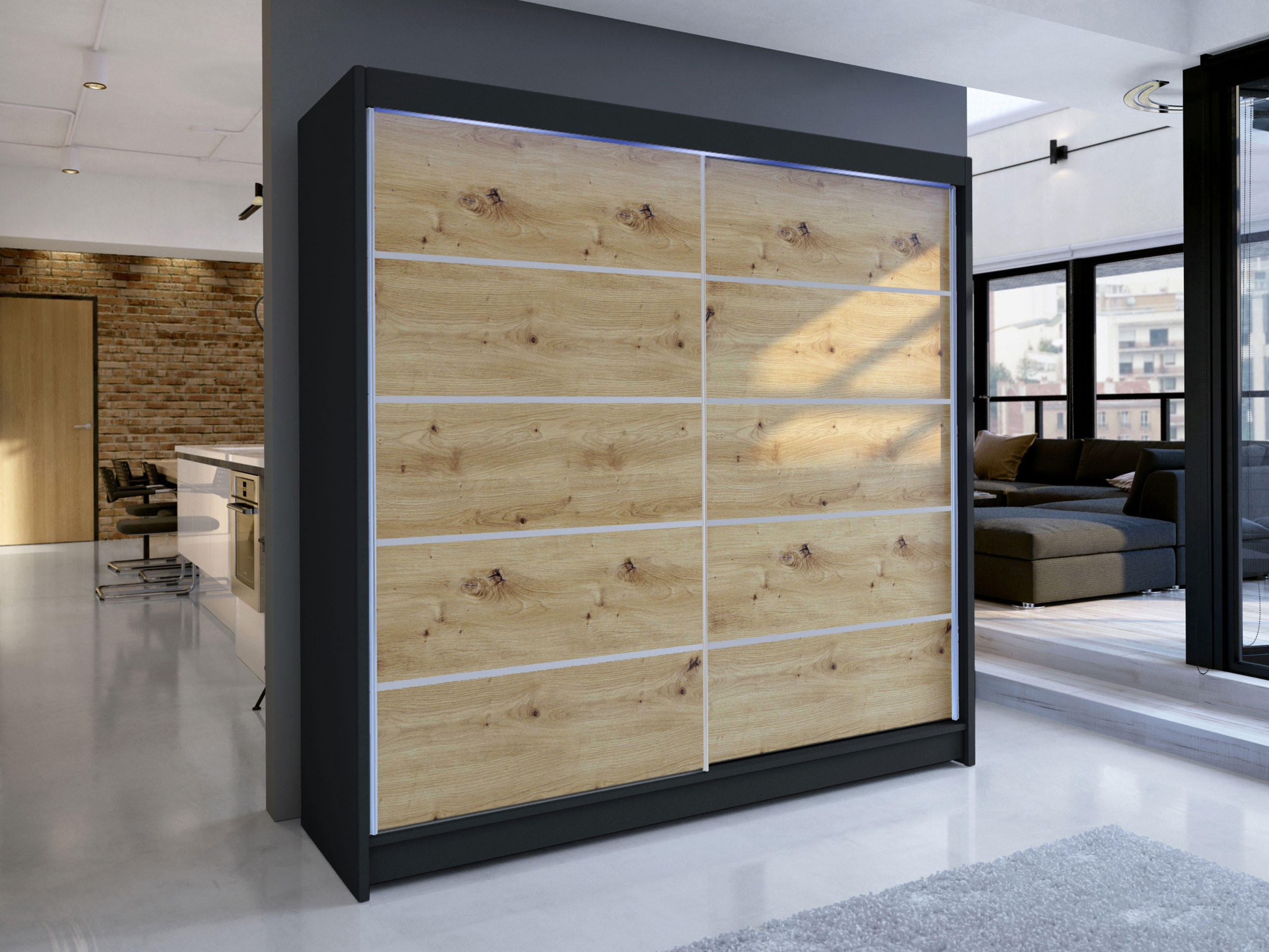 SCHWEBETÜRENSCHRANK Talin IV, mit RGB LED Beleuchtung - Silberfarben/Braun, Holzwerkstoff/Metall (180/215/58cm) - MIRJAN24