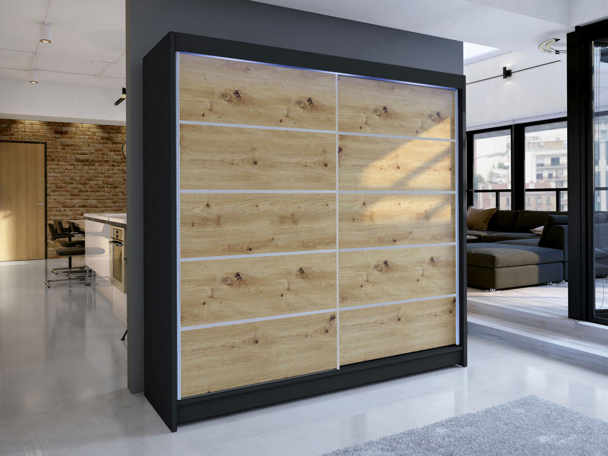 SCHWEBETÜRENSCHRANK Talin IV, mit RGB LED Beleuchtung - Silberfarben/Braun, Holzwerkstoff/Metall (180/215/58cm) - MIRJAN24