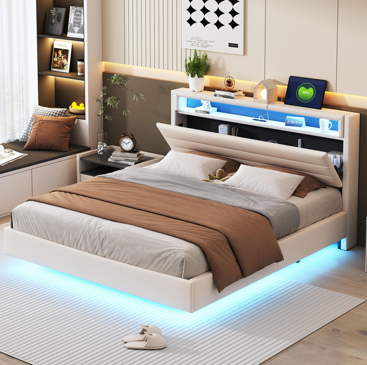 POLSTERBETT mit USB-Steckdose und LED 160x200 cm Beige - Beige, Metall (160/200cm) - Meubliv