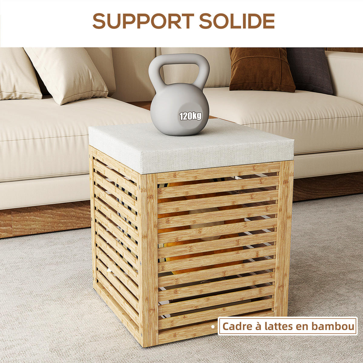 HOCKER DE-16400 mit Bambusrahmen und Lamellendesign Natur - Naturfarben, Naturmaterialien (40/47/40cm) - ComfortXL