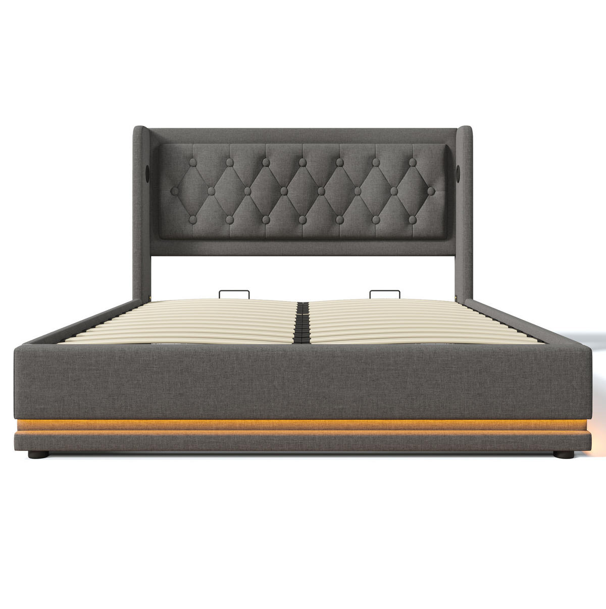 POLSTERBETT Baumwolle 140x200 cm Grau mit Bettkasten, LED-Beleuchtung und USB-C-Anschlüssen - Grau, Textil (140/200cm) - IVMEU