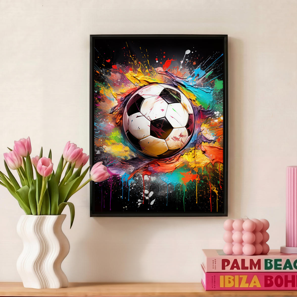LEINWAND Bilder mit Rahmen - Fußball - Farbe - Farben - Schwarz - Weiß - 30x40 - Weiß, Textil (30/40cm) - MuchoWow