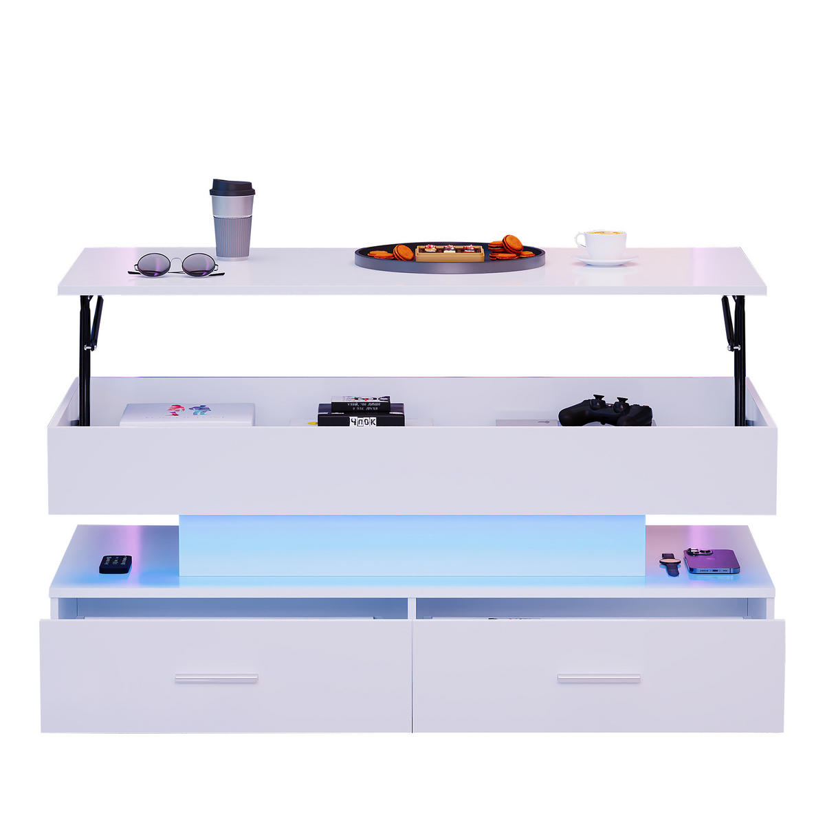 COUCHTISCH 100/50/44 cm hydraulisch höhenverstellbar mit LED-Beleuchtung und 2 Schubladen - Weiß, Holzwerkstoff (100/50/44cm) - OKWISH