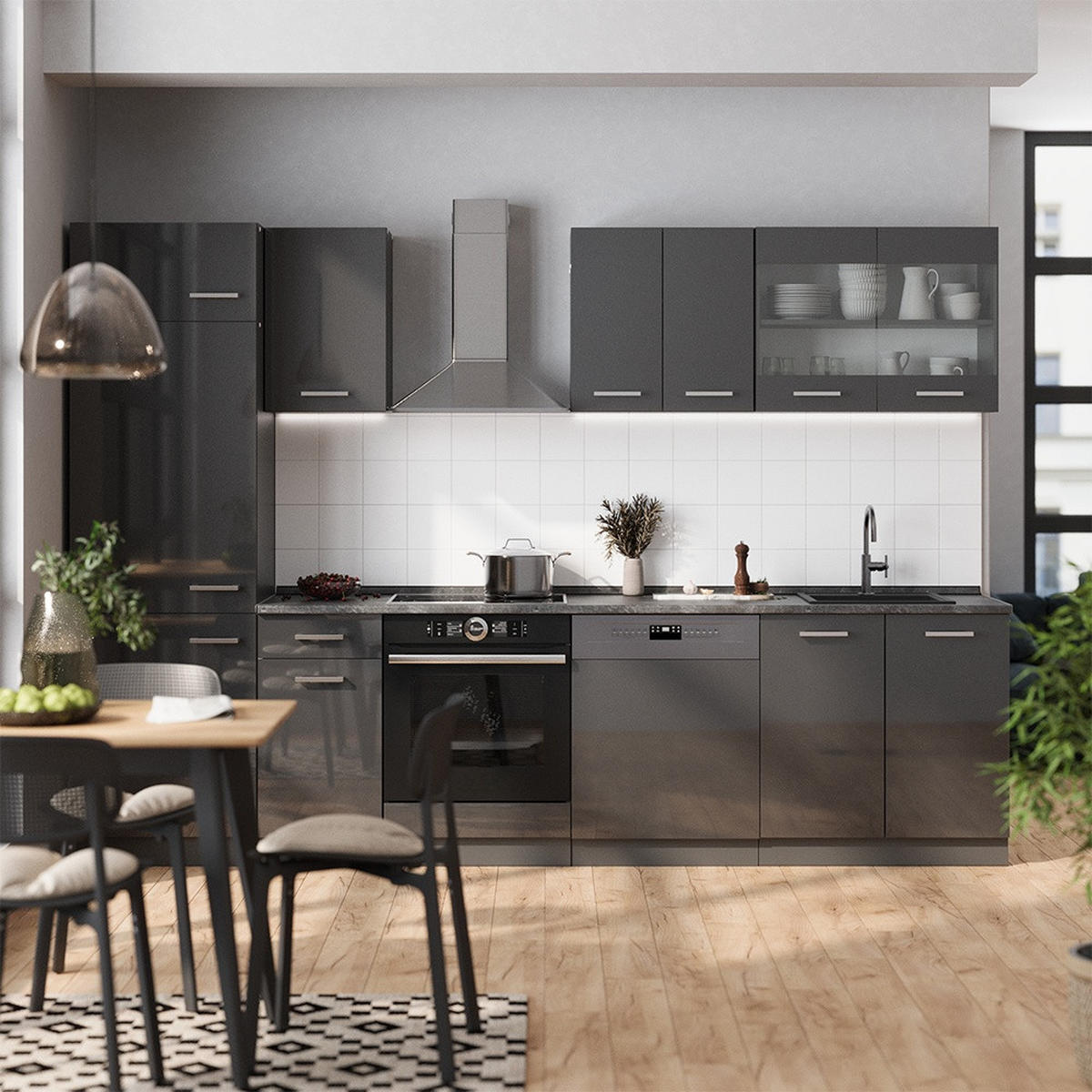 KUHINJSKI BLOK R-Line Antracit visok sijaj/antracit 300 cm , DP Antracit - črna/visok sijaj, leseni material (300/206.8/60cm) - Vicco