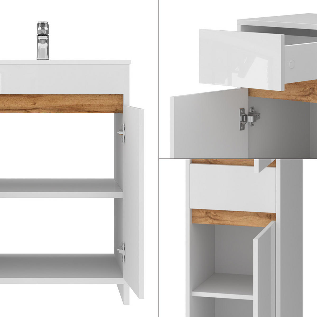 BADMÖBEL-SET Lemgo Weiß Hochglanz 5er-Set - Honigeiche/Weiß Hochglanz, Holzwerkstoff (59.6/81.9/40cm) - Vicco