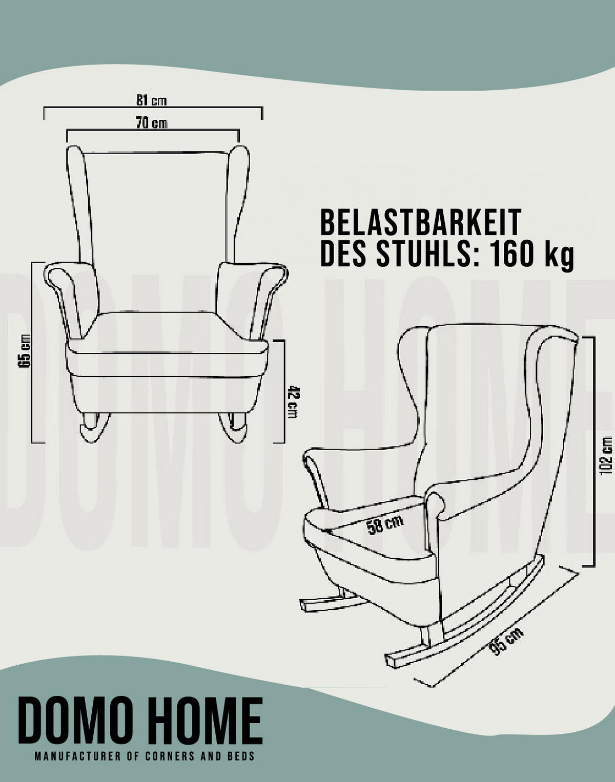 SCHAUKELSESSEL mit gepolstertem Sitz und Armlehnen, 102x81x95 cm, Grün_29854 - Buchefarben/Mintgrün, Holz/Textil (81/102/95cm) - DomoHome