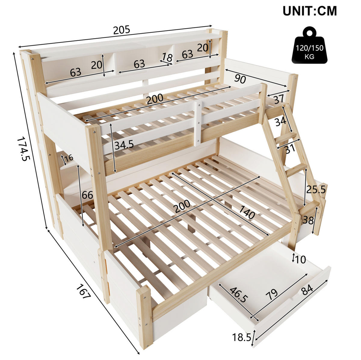 ETAGENBETT 90/200 & 140/200 cm aus Kiefernholz mit LED-Beleuchtung und Stauraum Weiß/Natur - Weiß, Holz (90/200cm) - Modenvie