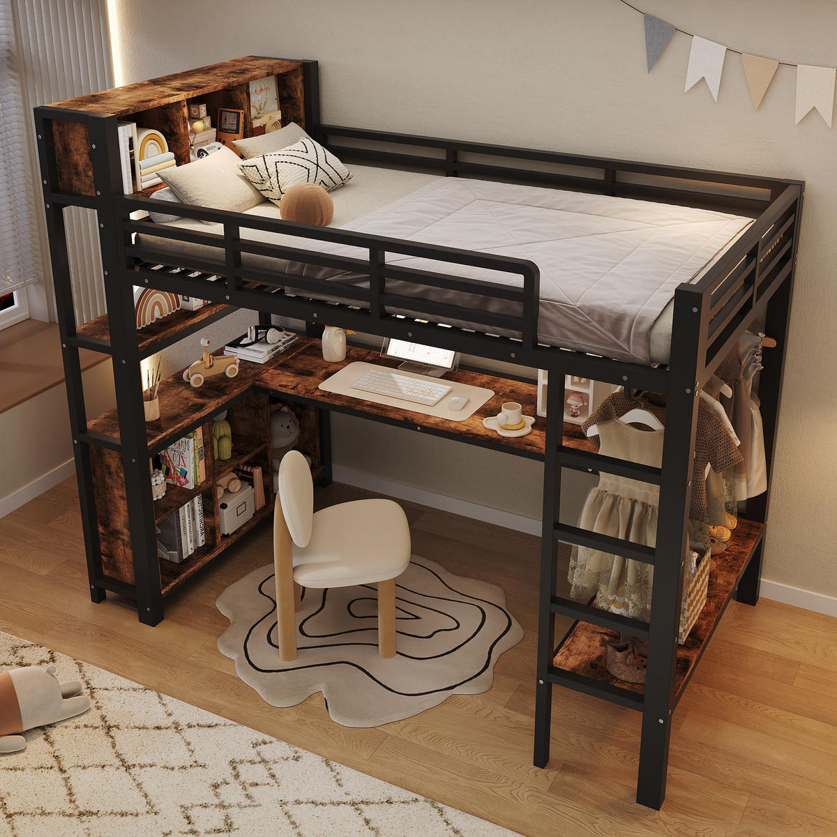 HOCHBETT 90/200 cm Schwarz, mit Tisch, Kleiderständer, Regalen und Staufächern - Schwarz, Metall