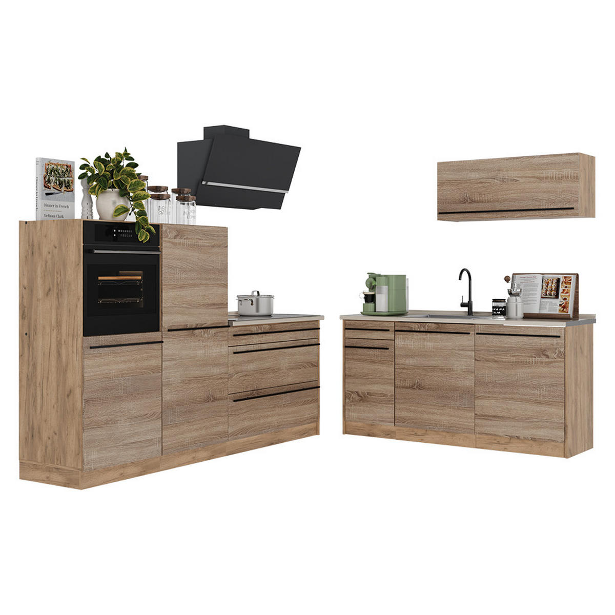 KÜCHENZEILE R-Line, Sonoma/Goldkraft Eiche, 220 cm ohne Arbeitsplatte - Eichefarben/Sonoma Eiche, Holzwerkstoff (220/143/46cm) - Vicco