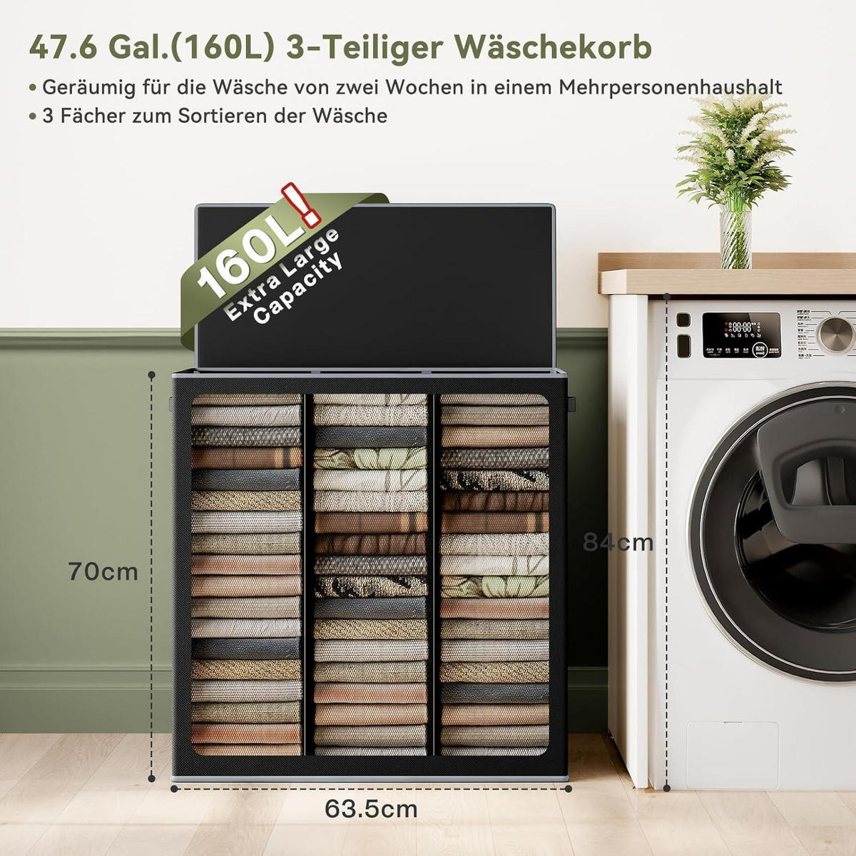 WÄSCHEKORB 160L 3 Fächer mit Deckel und 3 Wäschesäcken Schwarz - Schwarz, Textil (36/70/63.5cm)
