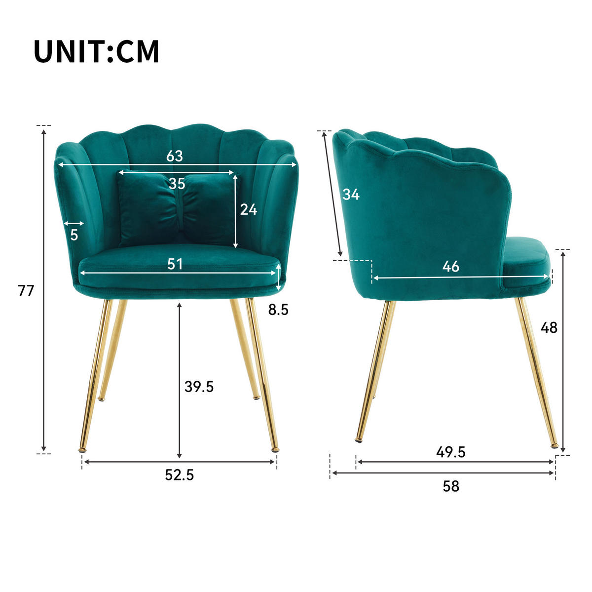 SESSEL 63x58x77 cm in Grün, Samt mit Blütenblatt-Design, vergoldete Metallbeine - Grün, Textil (58/77/63cm) - Modfu