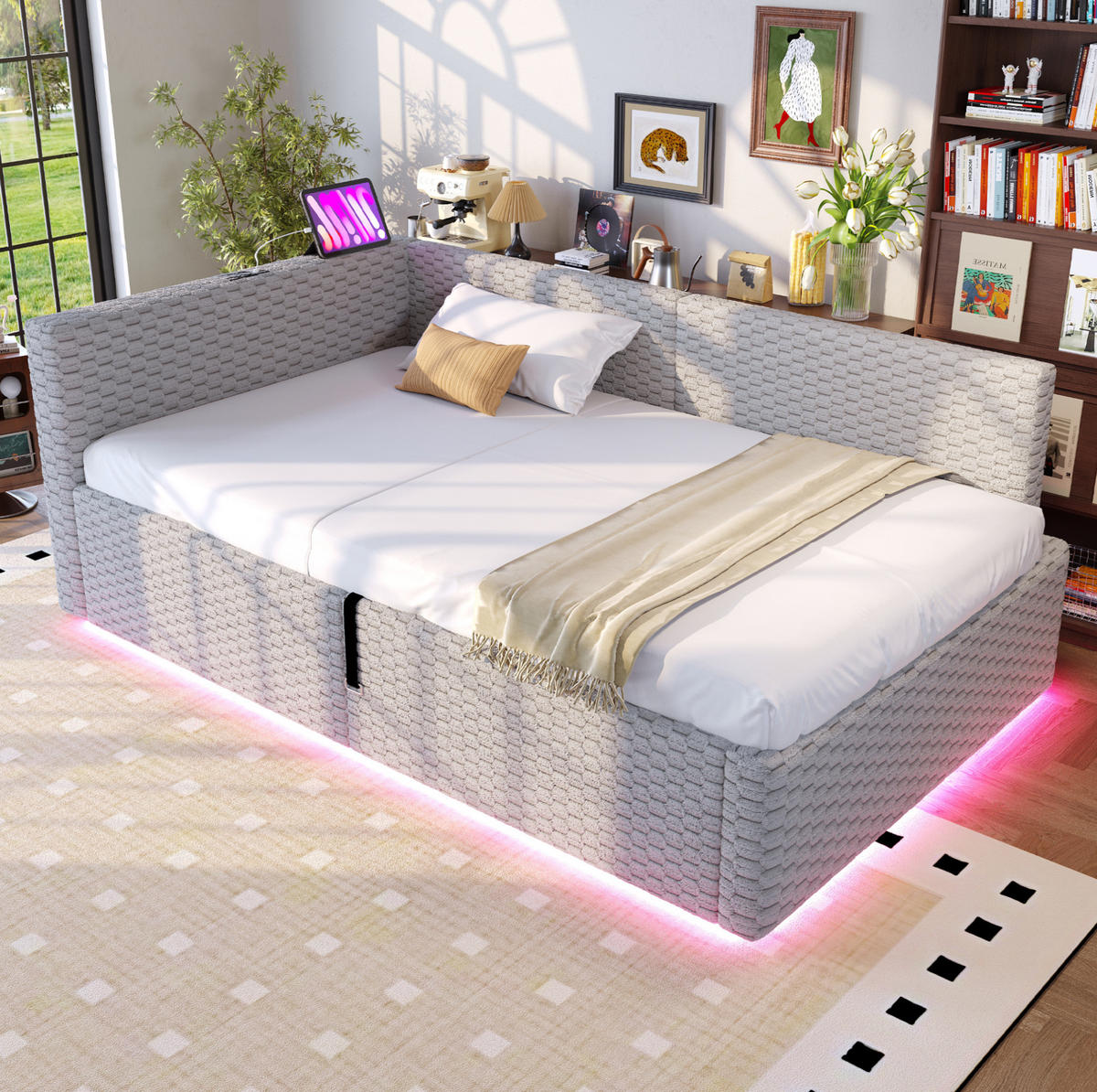 POLSTERBETT 90/200 cm grau aus Samt mit Stauraum, LED und USB - Grau, Holzwerkstoff (90/200cm) - OKWISH