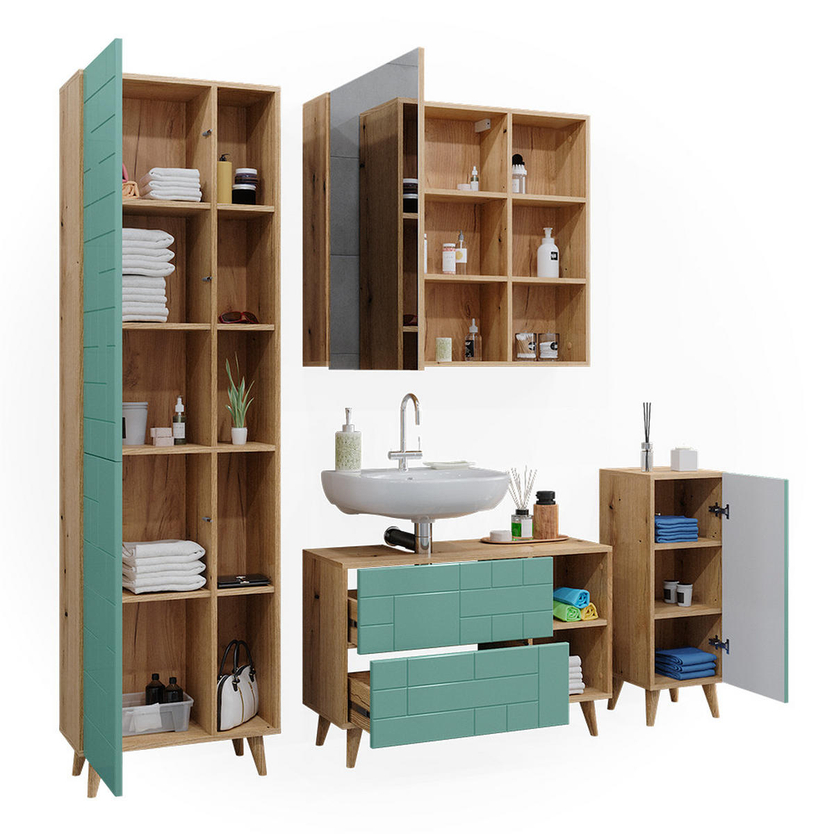 BADMÖBEL-SET Rudi Mintgrün 4 Teile, mit Hochschrank - Eichefarben/Mintgrün, Holzwerkstoff (90/59/32cm) - Vicco