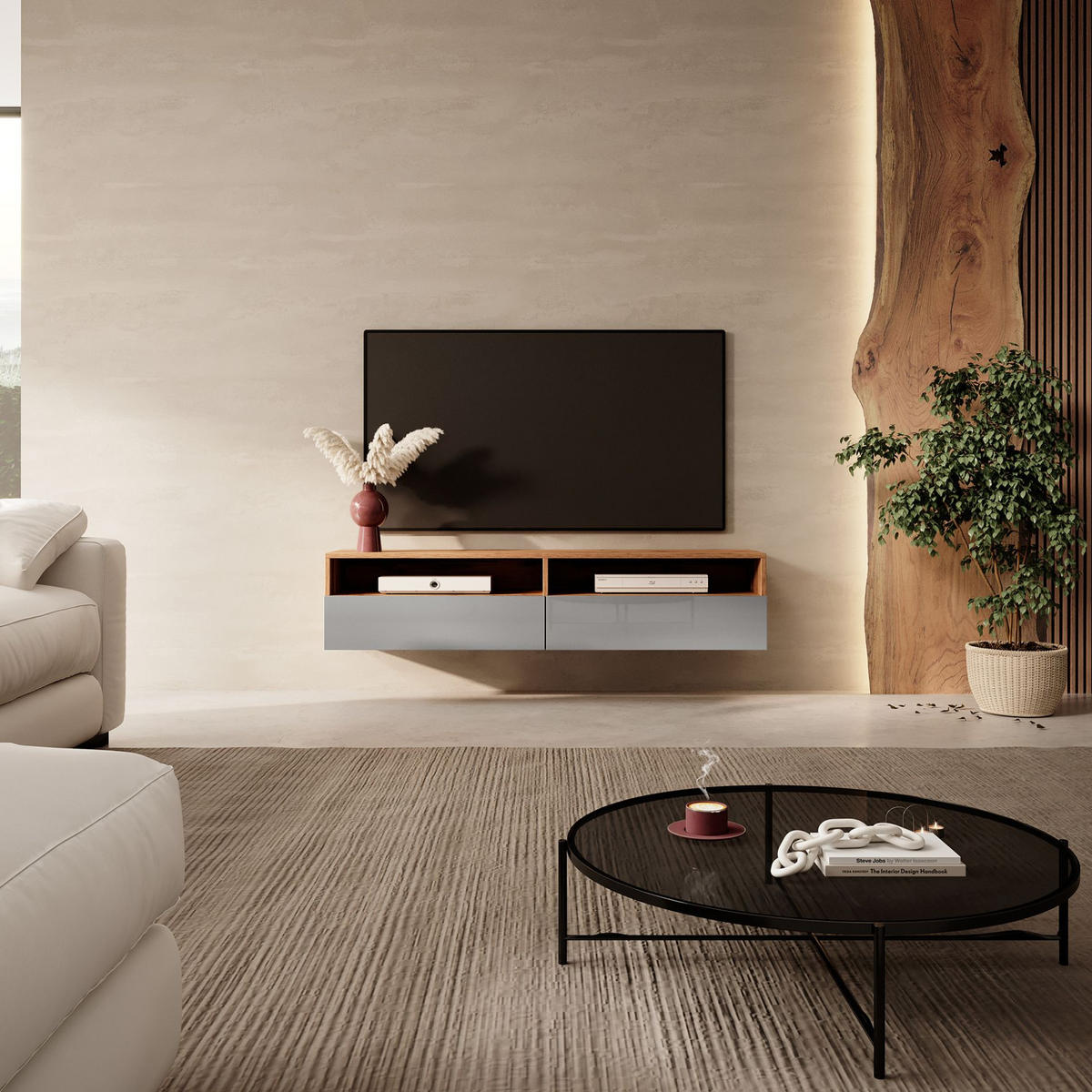 TV-LOWBOARD Rednaw mit LED Eiche/Grau Hochglanz 140 cm - Eichefarben/Grau, Holzwerkstoff (140/30/31cm) - Selsey